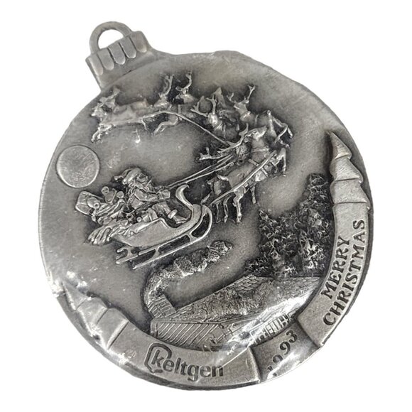 Vintage 90s Merry Christmas Pewter Santa Sleigh & Reindeers 2" Ornament Keltgen - Picture 1 of 11